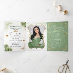 Elegant Photo Spanish Sage Green Gold Quinceanera Tri-Fold