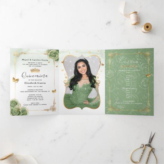 Elegant Photo Spanish Sage Green Gold Quinceanera Tri-Fold