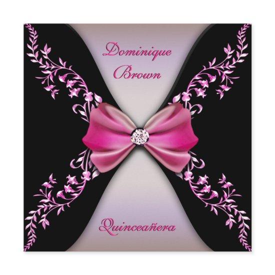 Elegant Pink Black Diamond Bow Quinceanera
