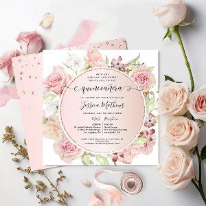 Elegant Pink, Blush, Rose Gold Floral Quinceanera