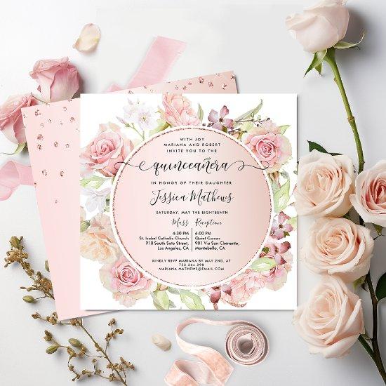 Elegant Pink, Blush, Rose Gold Floral Quinceanera
