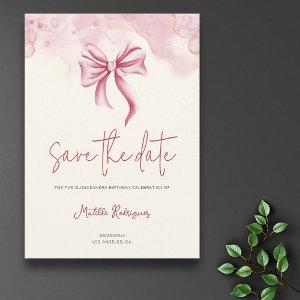 Elegant Pink Bow Birthday Quinceañera Save The Date