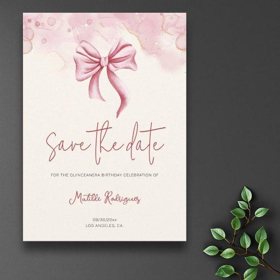 Elegant Pink Bow Birthday Quinceañera Save The Date