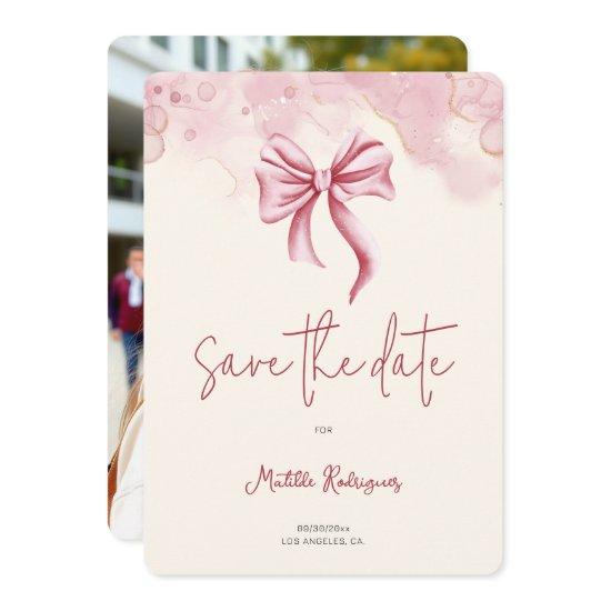 Elegant Pink Bow Quinceañera Photo Save The Date