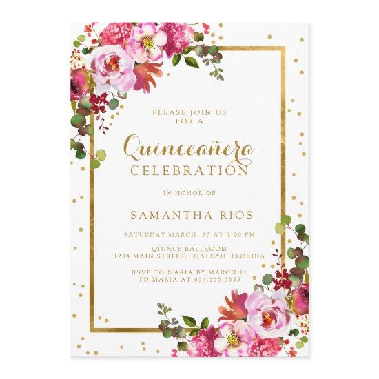Elegant Pink Floral and Golden Frame Quinceanera