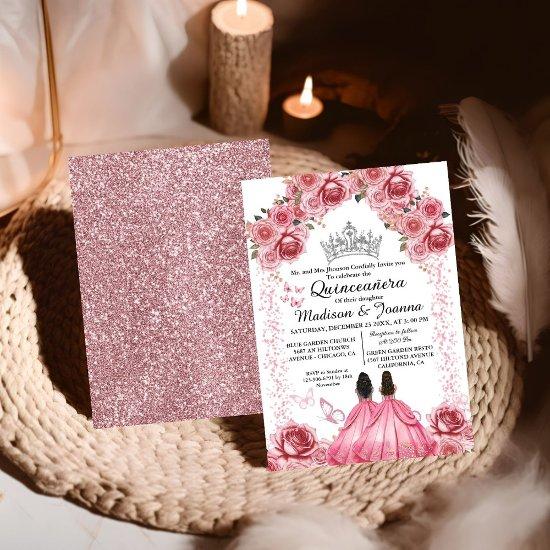 Elegant  Pink Floral Butterfly Twin Quinceanera
