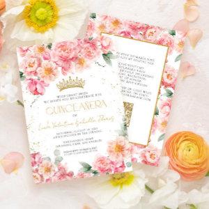 Elegant Pink Floral Gold QR Code Quinceañera