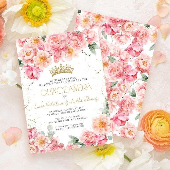Elegant Pink Floral Gold Quinceañera