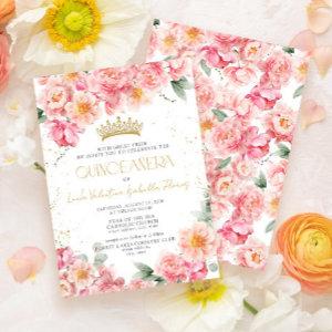 Elegant Pink Floral Gold Tiara Quinceañera