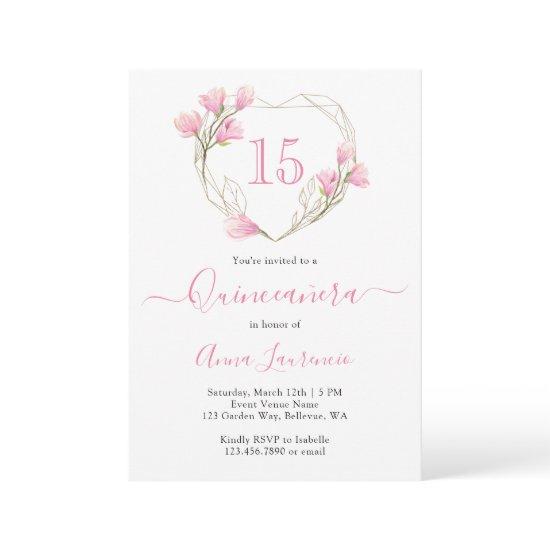 Elegant Pink Floral Heart Frame Quinceanera