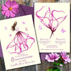 Elegant Pink Floral Lily Watercolor Quinceañera