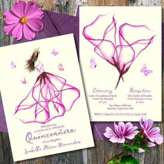 Elegant Pink Floral Lily Watercolor Quinceañera