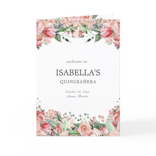 Elegant Pink Floral Quince Princess Padrinos Event Program