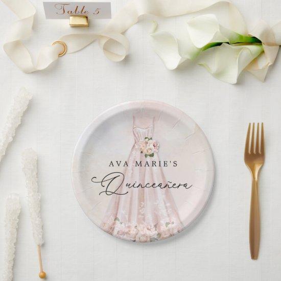 Elegant Pink Floral Quinceañera Birthday Paper Plates