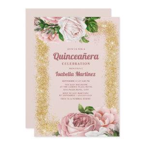 Elegant Pink Floral Roses Gold Glitter Quinceañera