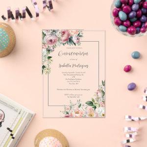 Elegant Pink Floral Silver Border Quinceañera Acrylic