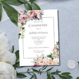 Elegant Pink Floral Silver Border Quinceañera