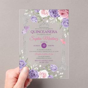 Elegant Pink Floral Silver Purple Girl Quinceañera Acrylic