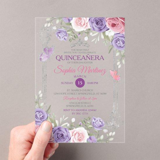 Elegant Pink Floral Silver Purple Girl Quinceañera Acrylic