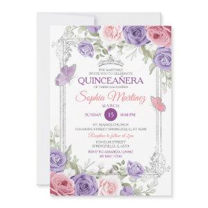 Elegant Pink Floral Silver Purple Girl Quinceañera