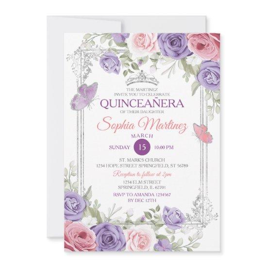Elegant Pink Floral Silver Purple Girl Quinceañera