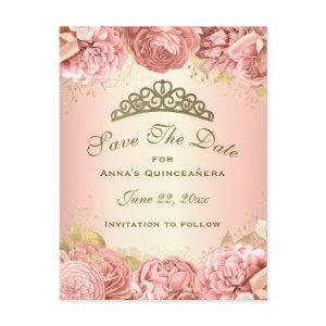 Elegant Pink Gold Floral Quinceanera Save The Date Postcard