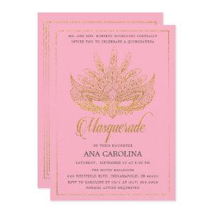 Elegant Pink Gold Glitter Masquerade Quinceañera