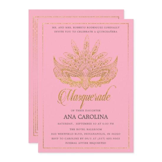 Elegant Pink Gold Glitter Masquerade Quinceañera