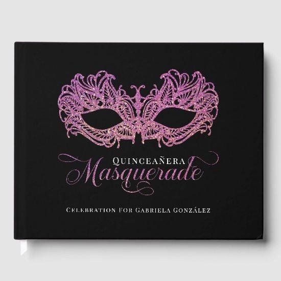 Elegant Pink & Gold Masquerade Quinceanera Guest Book