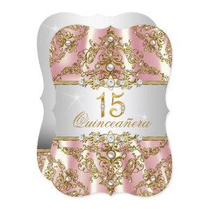 Elegant Pink Gold Pearl Damask Quinceanera