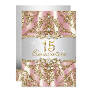 Elegant Pink Gold Pearl Damask Quinceanera Invite