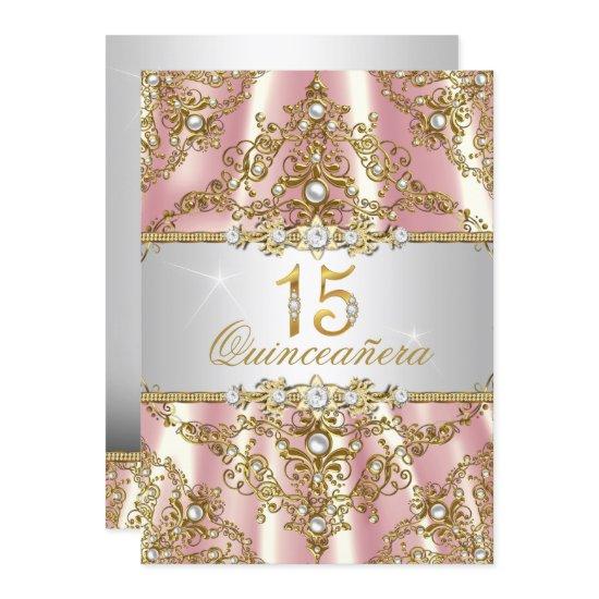 Elegant Pink Gold Pearl Damask Quinceanera Invite