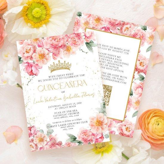 Elegant Pink Gold QR Code Floral Quinceañera