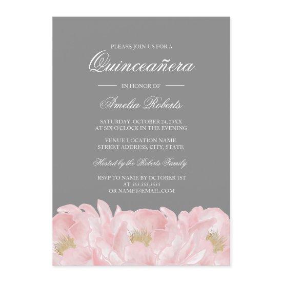 Elegant Pink Gray Peony Quinceanera