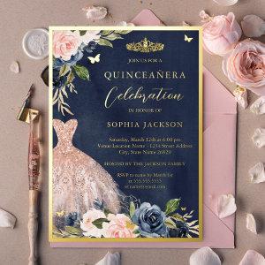 Elegant Pink Navy Floral Tiara Dress Quinceanera Foil