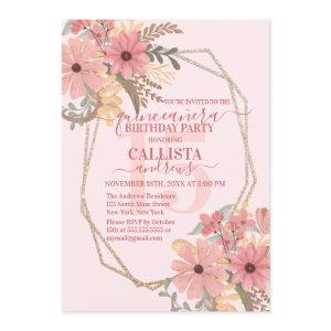 Elegant Pink Painted Flowers Glitter Quinceañera