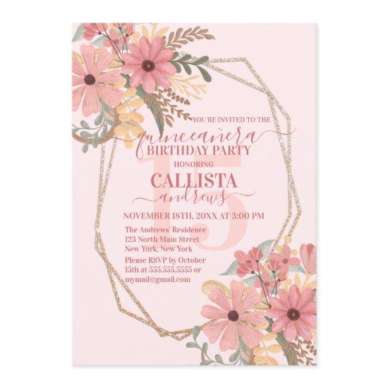 Elegant Pink Painted Flowers Glitter Quinceañera