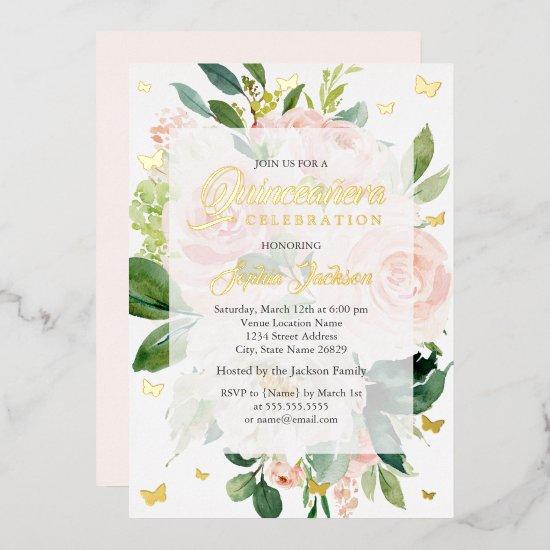 Elegant Pink Peach Bloom Quinceanera  Foil