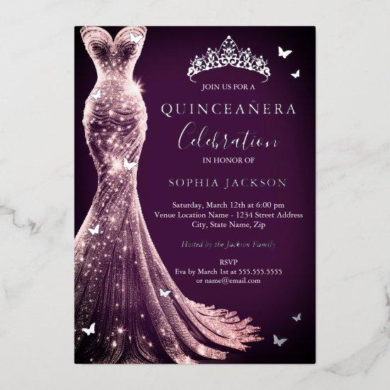 Elegant Pink Purple Silver Butterfly Quinceanera Foil