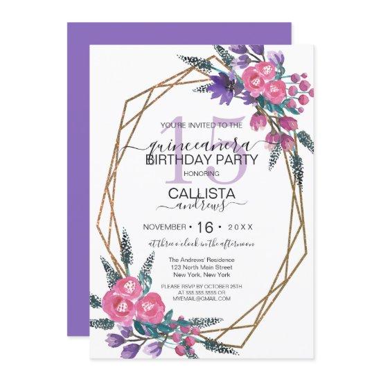 Elegant Pink Purple Watercolor Flowers Quinceañera