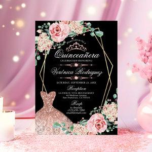 Elegant Pink Rose Black Quinceañera Quince Tiara