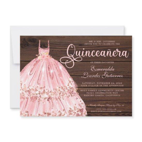Elegant Pink Rose Glitter Wood Quinceañera