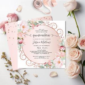 Elegant Pink, Rose Gold, Blush Floral Quinceanera
