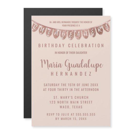 Elegant Pink Rose Gold Glitter Banner Quinceañera Magnetic