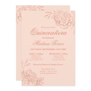 Elegant Pink Rose Gold Sketch Floral Quinceanera