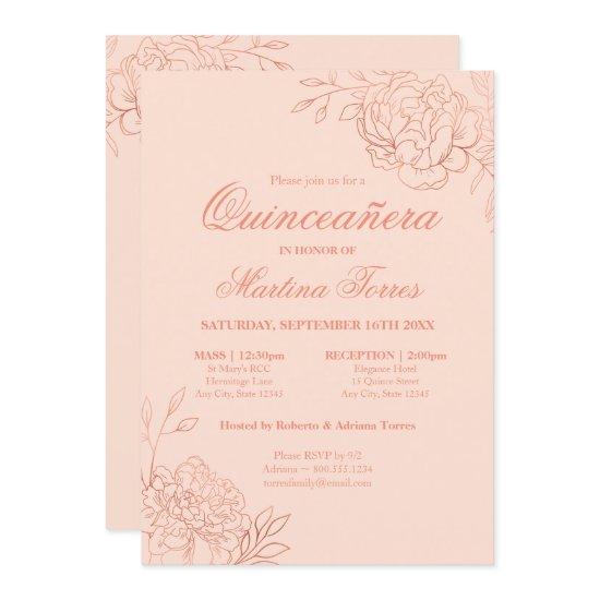 Elegant Pink Rose Gold Sketch Floral Quinceanera