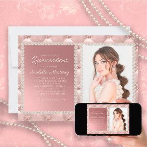 Elegant Pink Satin Pearls Jewels Photo Quinceañera
