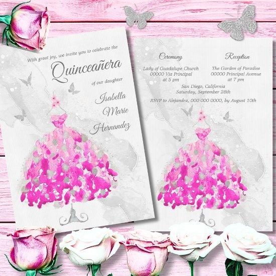 Elegant Pink & Silver Butterflies Quinceañera