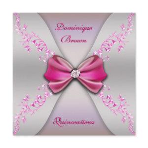 Elegant Pink Silver Diamond Bow Quinceanera