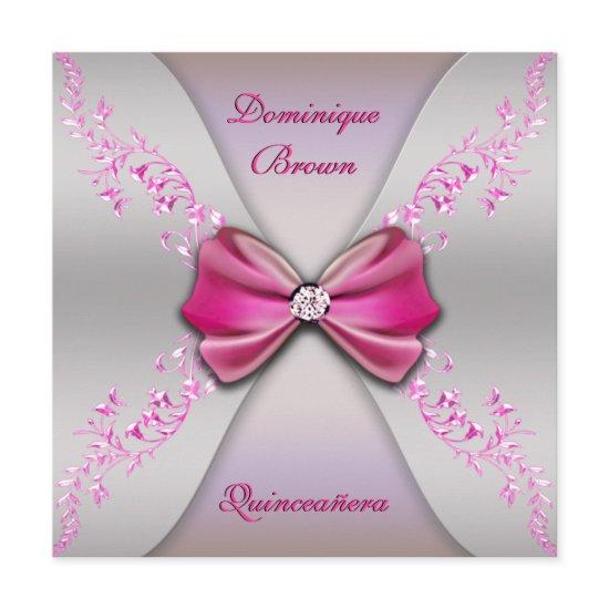 Elegant Pink Silver Diamond Bow Quinceanera